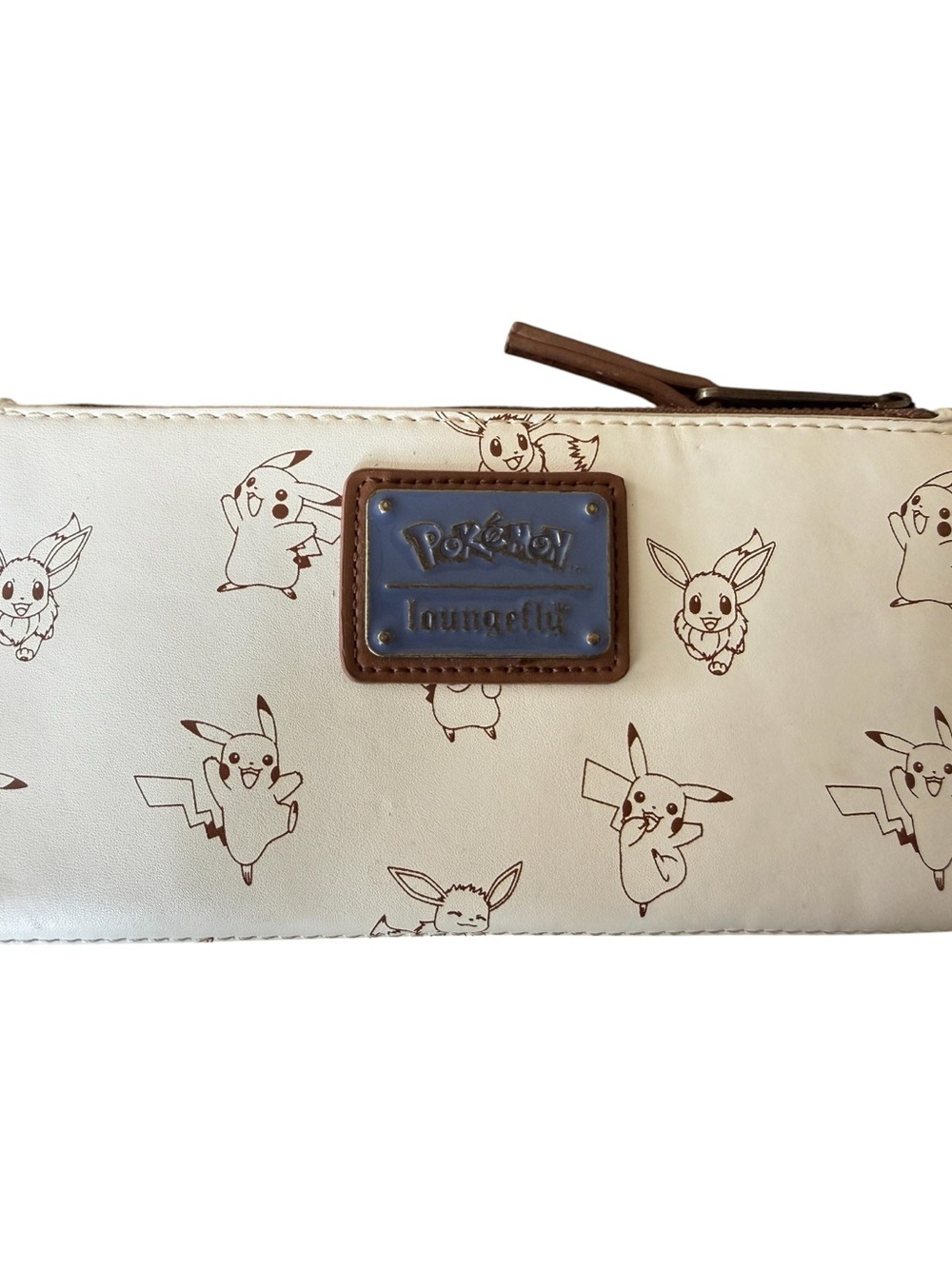 Loungefly Cream Pikachu & Eevee Sketch Zip Wallet with Blue Logo Plaque